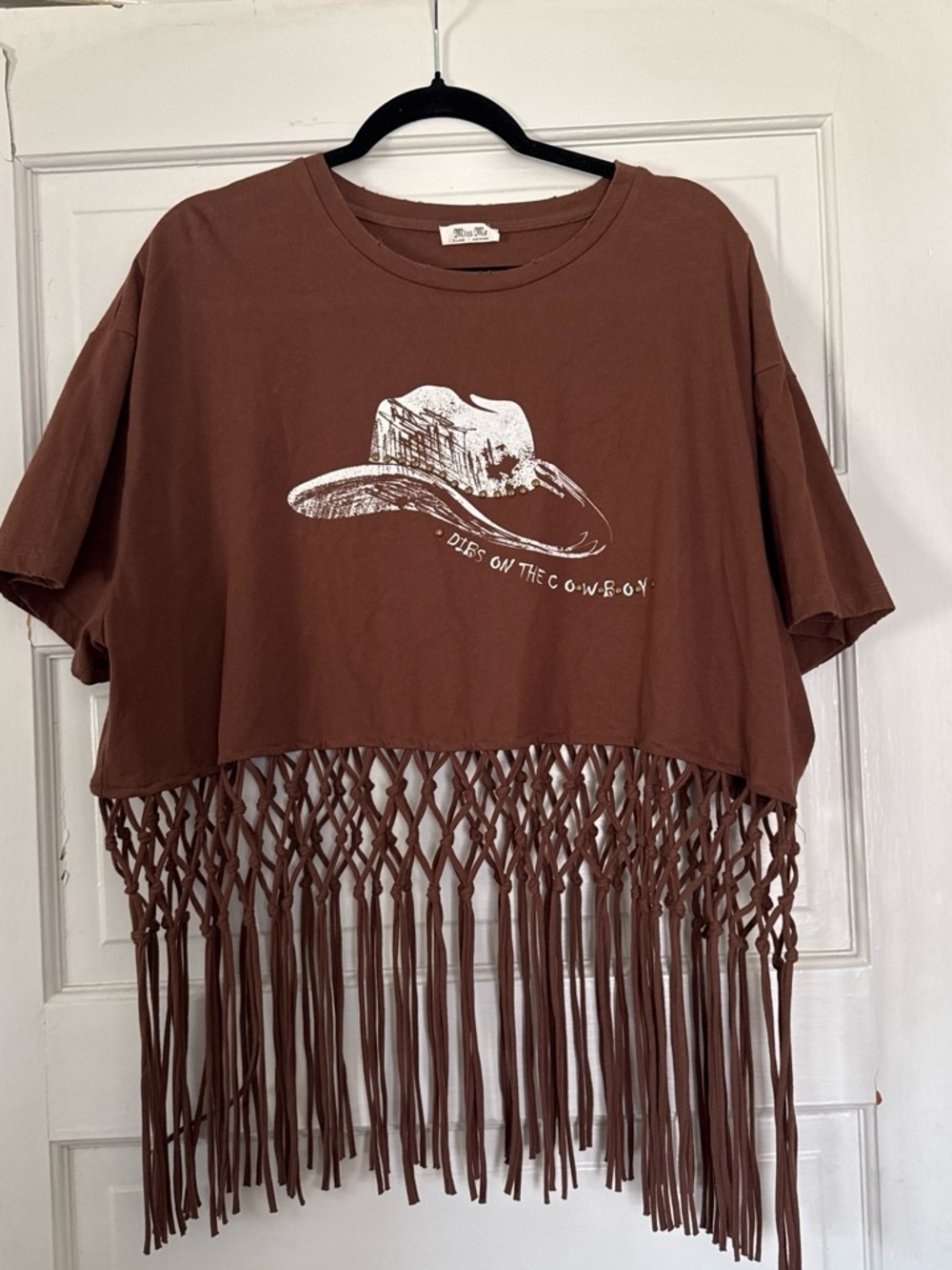 Miss Me Brown Cropped Fringe Tee with White Cowboy Graphic